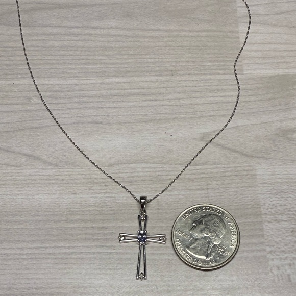 10k White Gold Necklace with Tanzanite & Diamonds Cross Pendant 1.9g - Picture 2 of 6